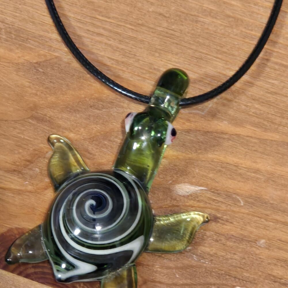 Handmade Art Handblown Glass Sea Turtle Pendant Necklace